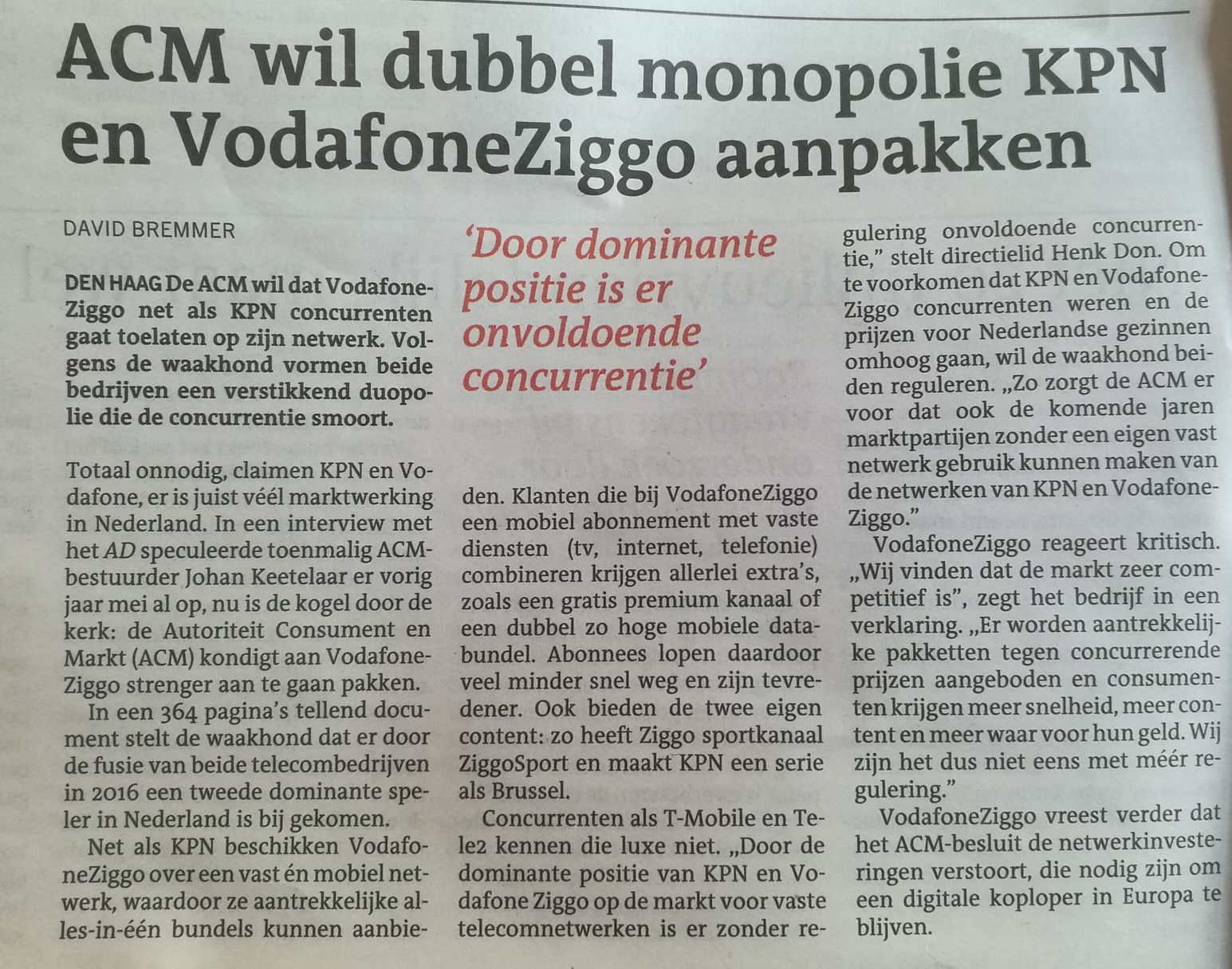 ACM gaat KPN en VodafoneZiggo aanpakken ivm monopoliepositie